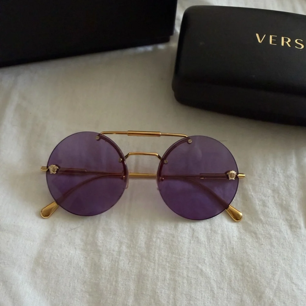 Versace Round Gold Frame Sunglasses with Purple Lenses